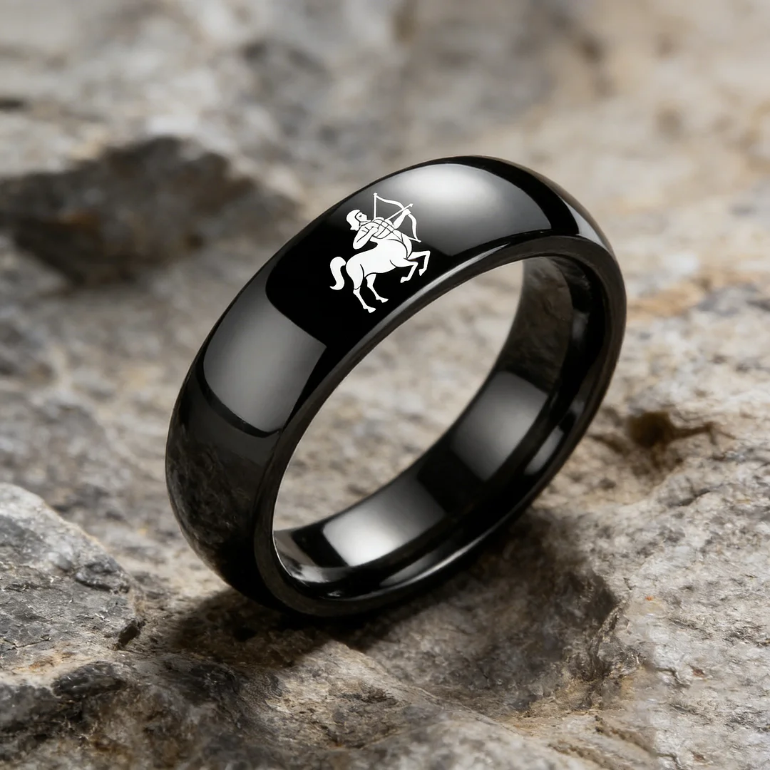 Men Women Sagittarius Tungsten Carbide Rings Prints Laser Design Domed Top Black Tungsten Wedding Band 4MM 6MM 8MM Width