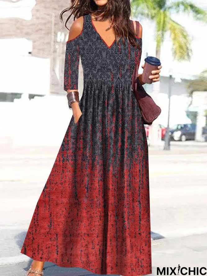 Women's Loose Maxi Jersey Casual Ethnic Dress 3/4 Length Sleeve Multi Color Geometic Hollow Cut Out Spring winter V Neck Ethnic Casual Dress