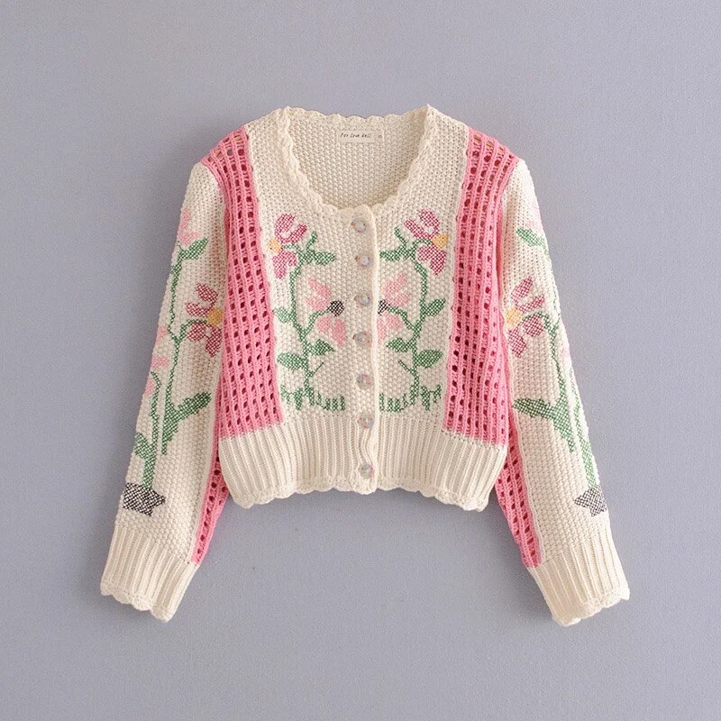 Splend Moda Fashion Autumn Casual Chic Floral Embroidery Knitted Cardigans Women Knit Jacket Hollow Out Single-breasted Sweaters