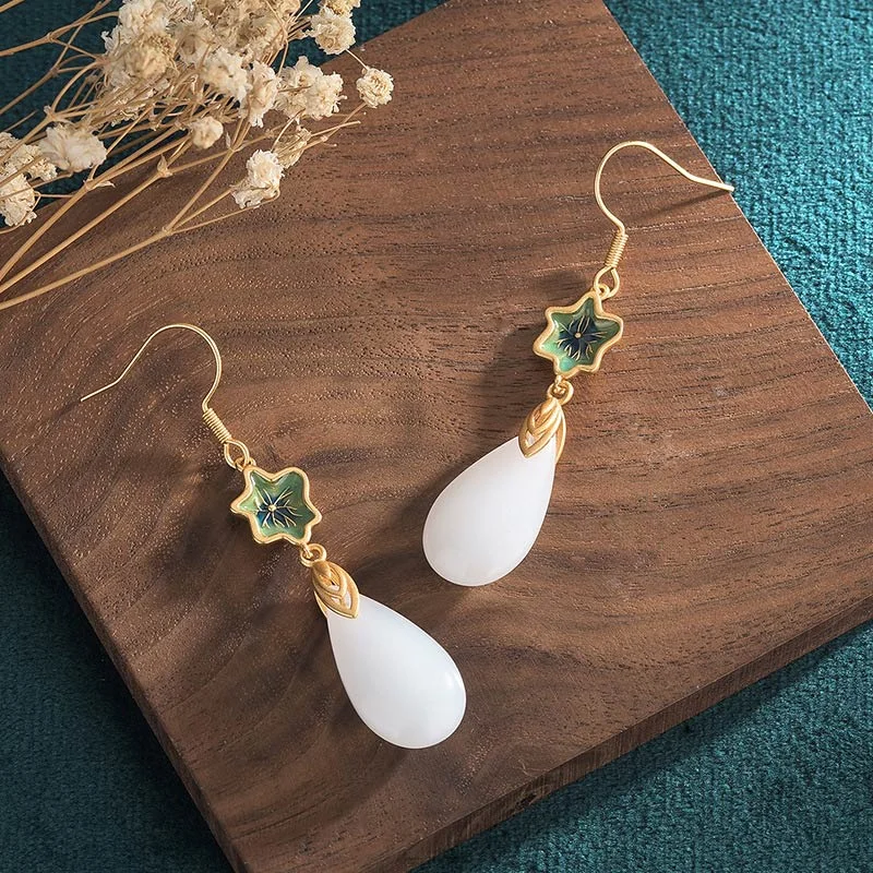 FengShui White Jade Luck Drop Earrings
