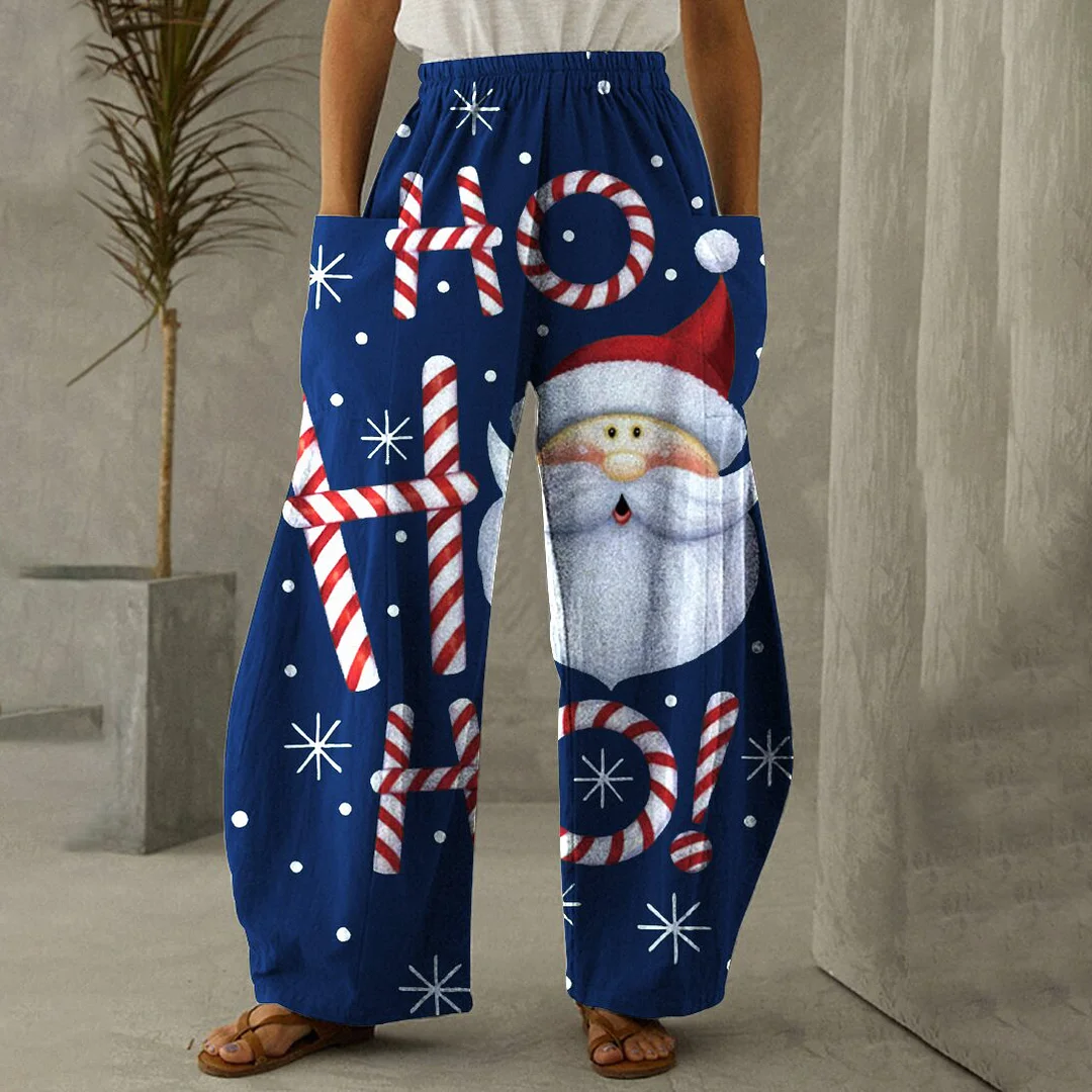 Cartoon Christmas Santa Printed Women Casual Loose Wide-leg Pants