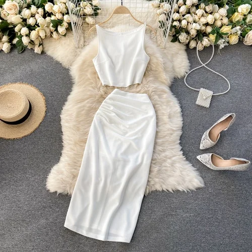Toloer Summer Women Black/White Two Piece Set Vintage O-Neck Sleeveless Camis + High Waist Draped Midi Skirt Casual Suit New Fashion