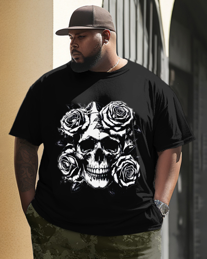 Street Fashion Reggae Style Rose Skull Pattern Round Neck Short Sleeve Men's Plus Size T-Shirt