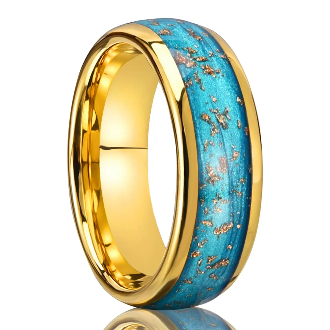 8MM Mens Women Tungsten Carbide Rings Blue Domed Electroplated Gold Foil Couple Bands