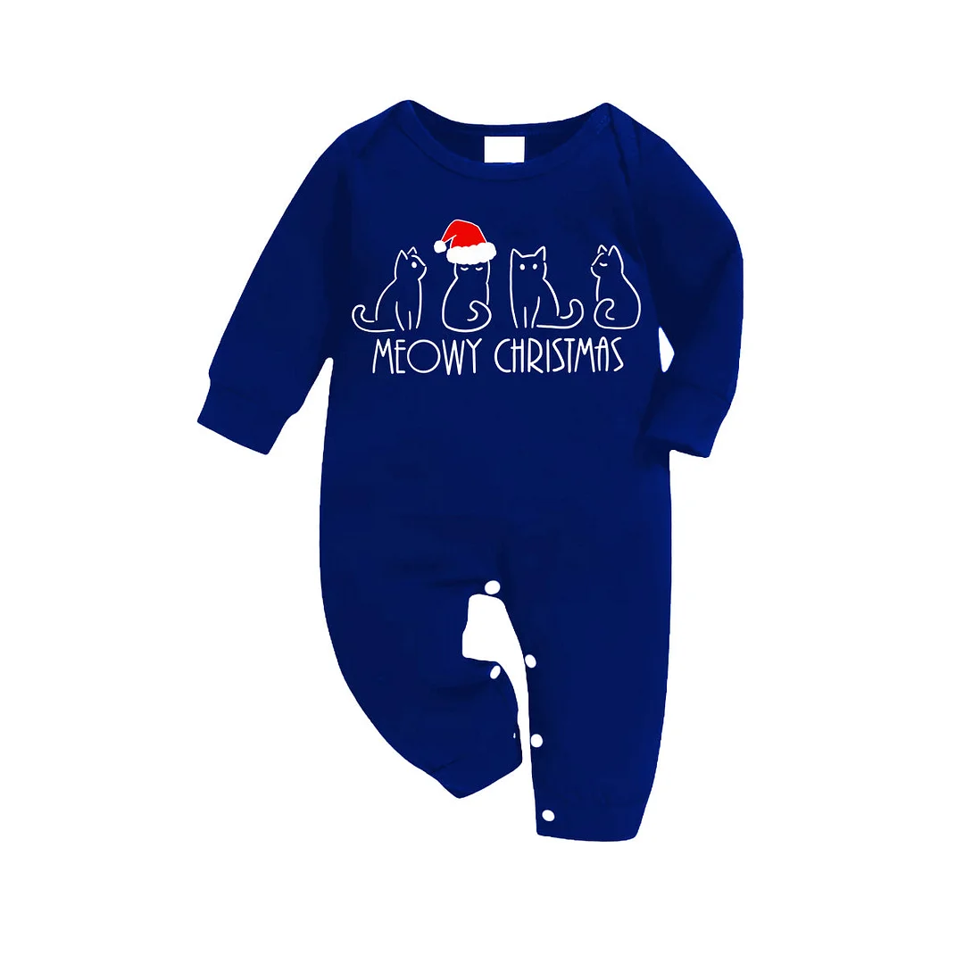 White Cute Head Christmas Hat Cat Pattern 2024 Blue Long Sleeves with Blue&White&Black Plaid Pants Family Matching Pajamas
