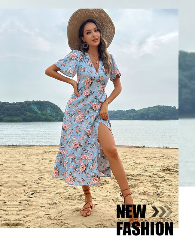 Mature Women Spring And Summer Casual Floral Woven Vacation Beach Dress