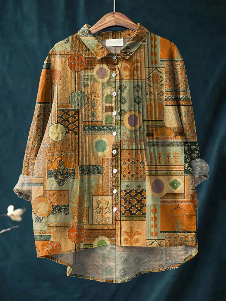 Women's Vintage Ethnic Geometric Check Art Print Casual Cotton And Linen Ruffle Shirt