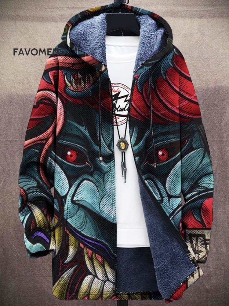 Unisex Retro Japanese Style Demon Samurai Print Plush Thickened Long Sleeve Cardigan Sweater Jacket