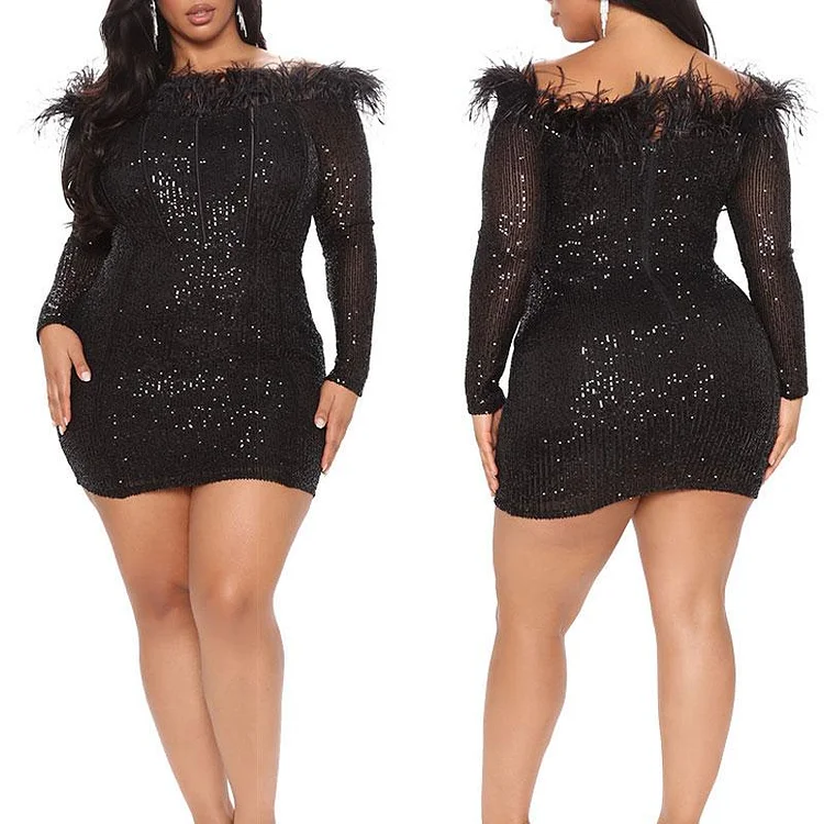 Sequins Off Shoulder Feather Design Bodycon Dress - IRBOOM Fashion Clothing