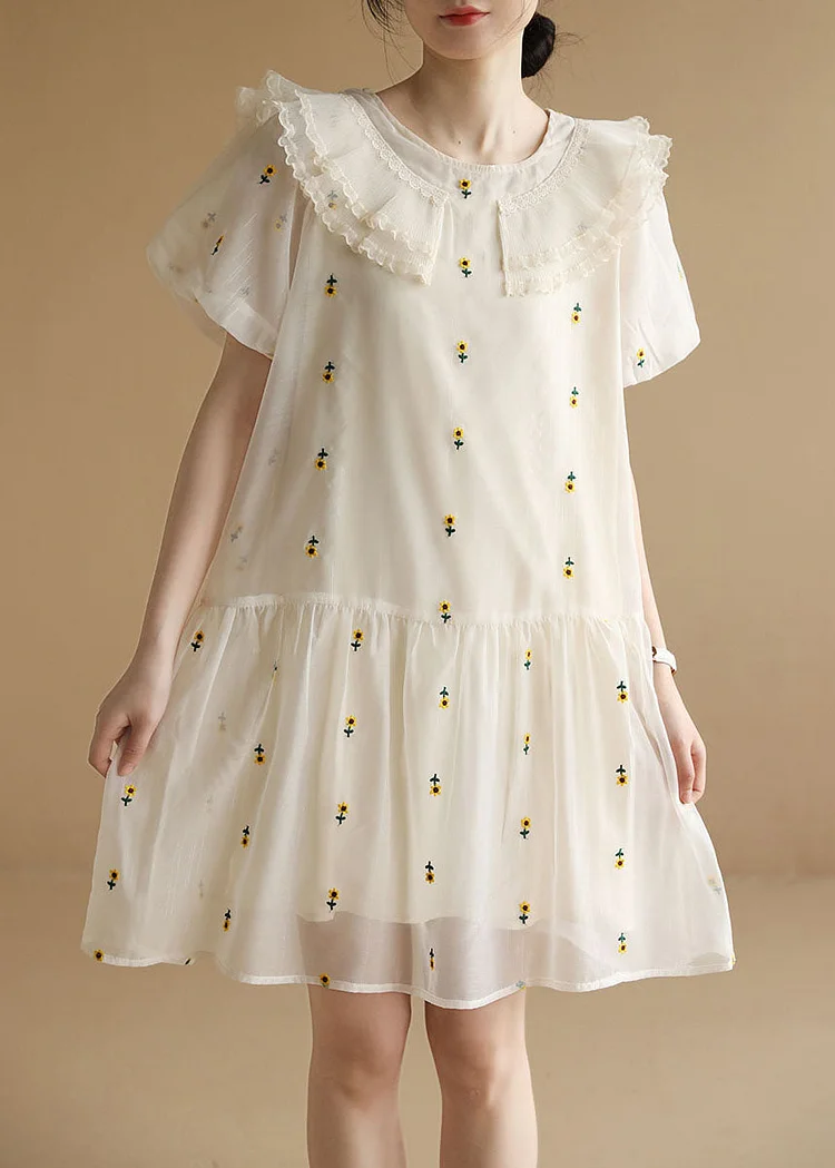 Italian White O-Neck Embroideried Tulle Vacation Dresses Short Sleeve