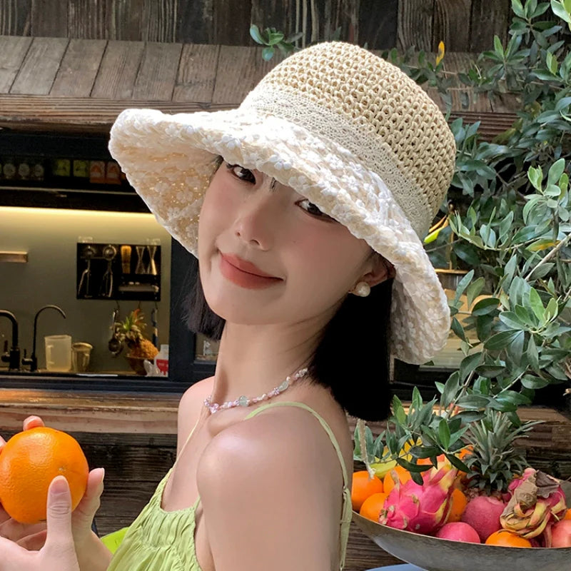 Llyge Straw Hat Flower Female Summer Japanese Fresh Bucket Hat llyge