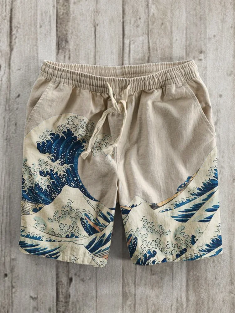 The Great Wave off Kanagawa Linen Blend Shorts
