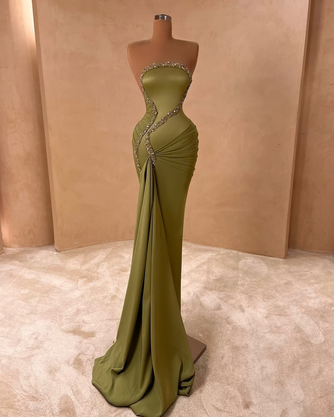 Ovlias Glamorous Dusty Sage Strapless Prom Dress Mermaid Pleated with Rhinestone ZC0086