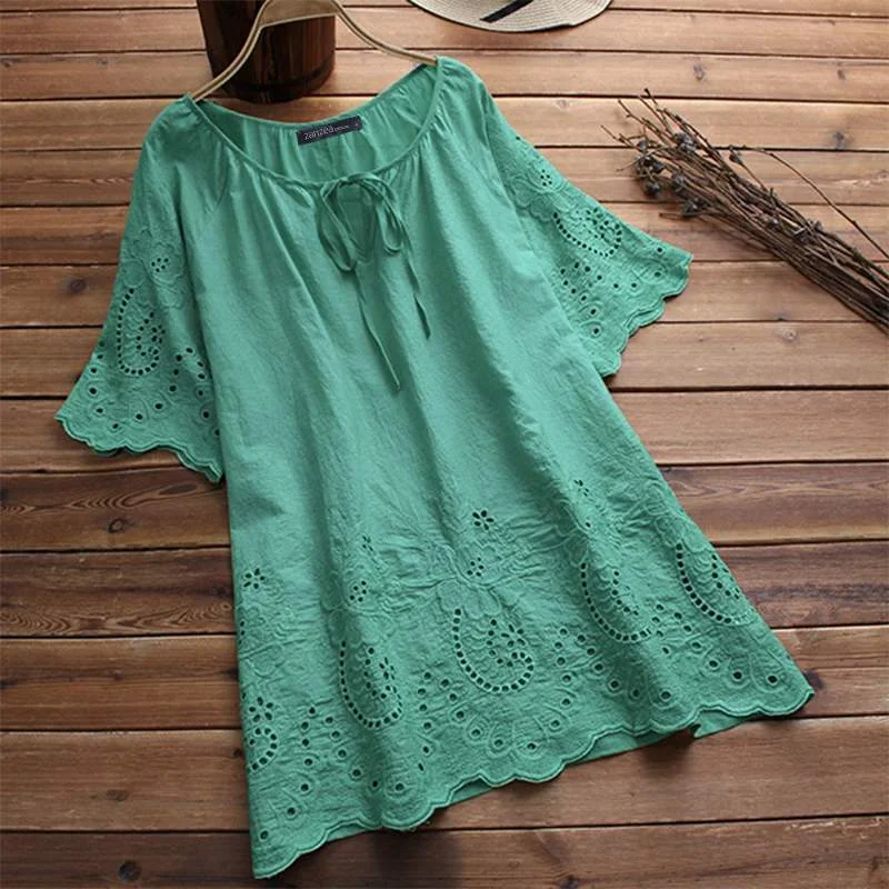 Women's Embroidery Blouse 2022 ZANZEA Elegant Causal Hollow Floral Blusas Female Half Sleeve Tunic  Summer Tops Chemise