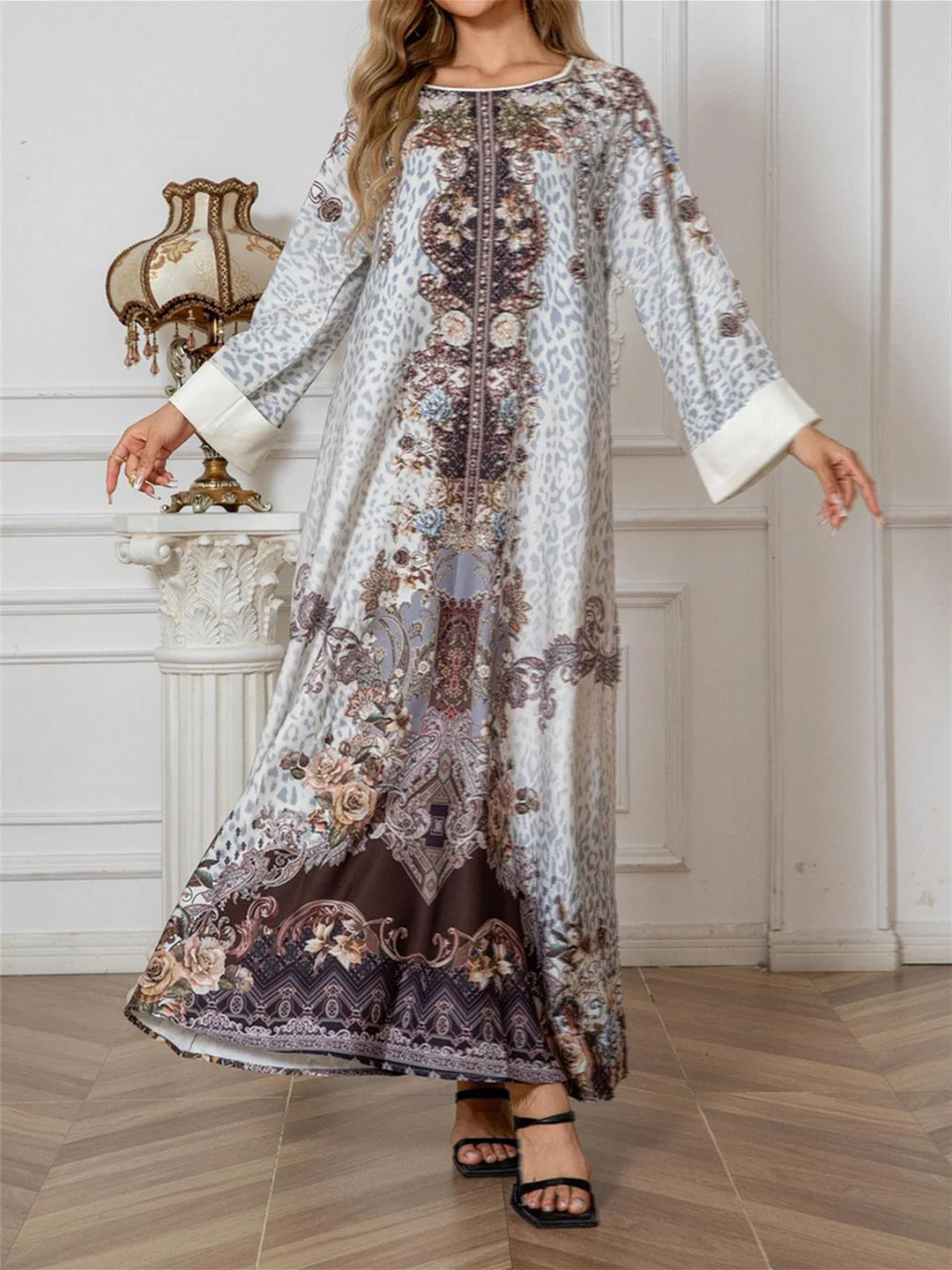 Women's Long Sleeve Scoop Neck Graphic Printed Sequins Maxi Dress