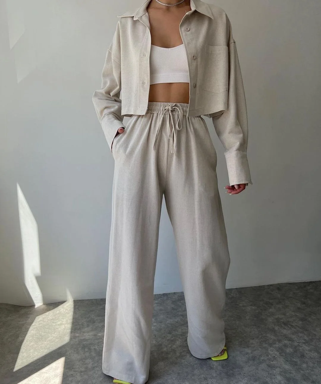 Solid Color Long Sleeves Shirt & Drawstring Pants Suit