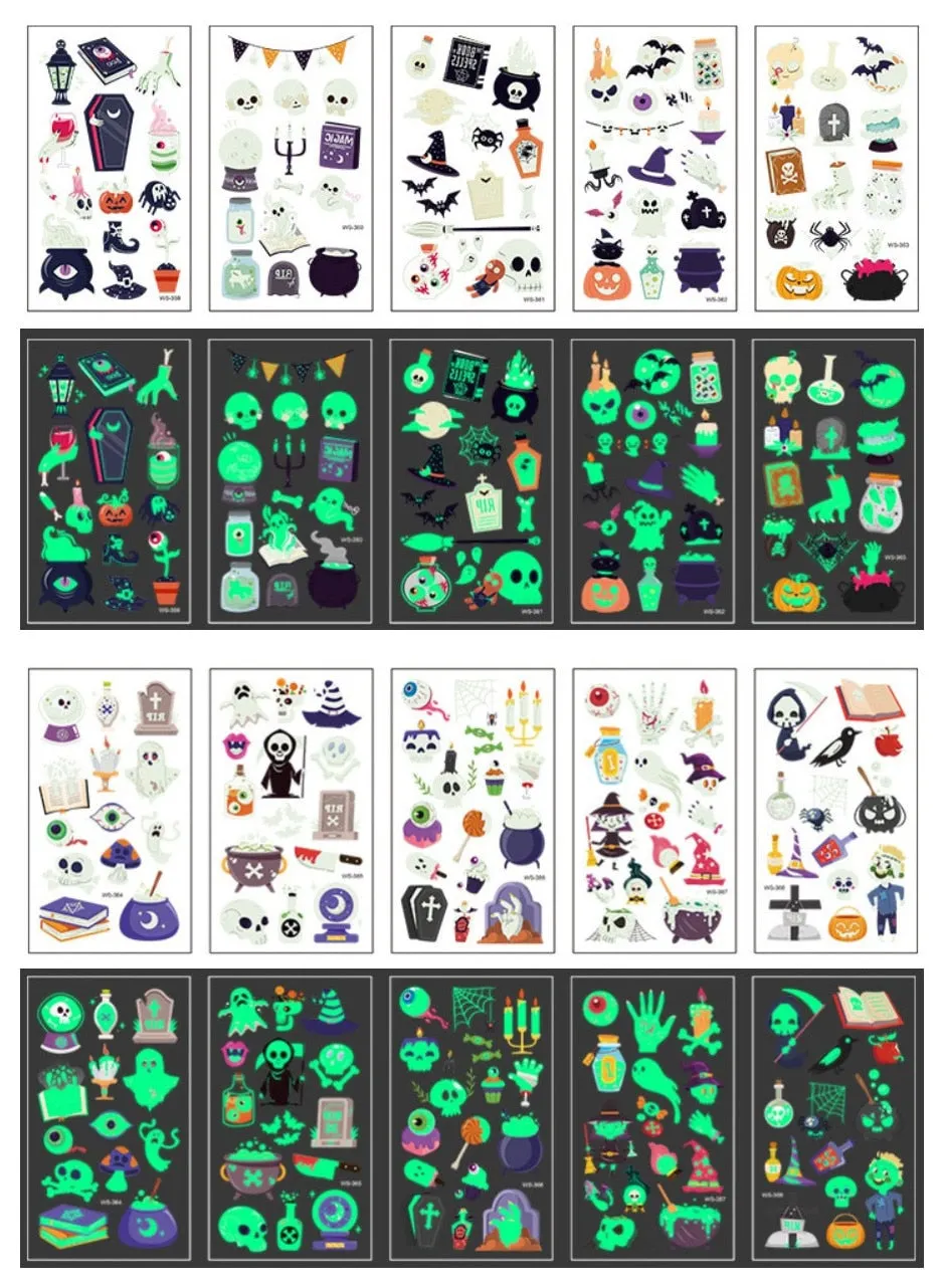 10-20pcs/set Colorful Halloween Skull Head Temporary Tattoo Sticker Child Adult Body Art Water Transfer Fake Tattoo for Face