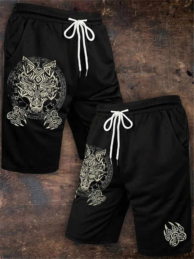 Wolf bedruckte Shorts im Wikinger-Stil für Herren