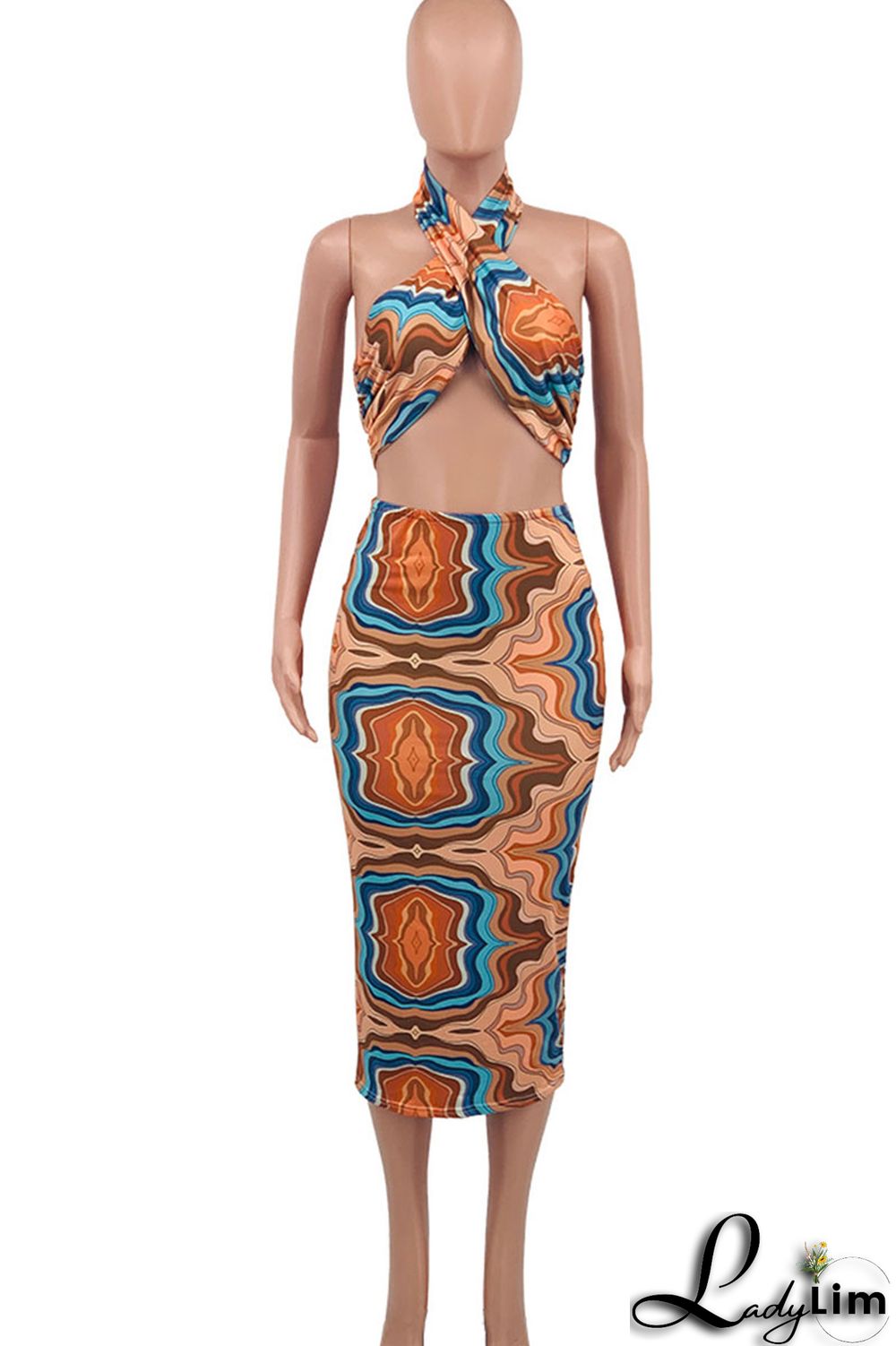 Royal Blue Sexy Print Patchwork Halter Plus Size Two Pieces