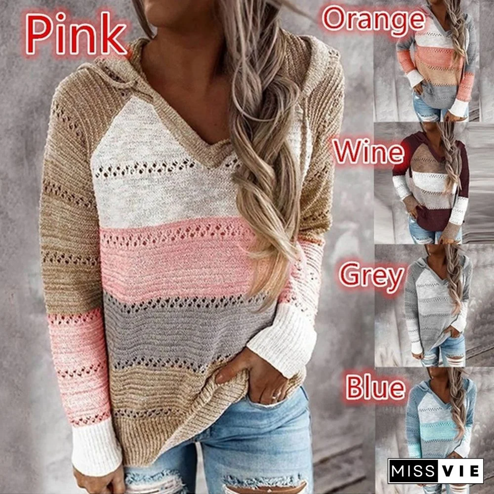 New Fashion Stitching V-neck Hooded Sweaters for Women Autumn Hollow-out Knitted Sweater Color Block Pullover Hoodies Coat