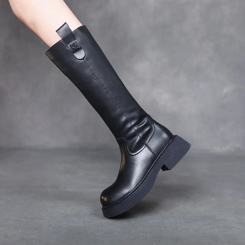 Yyvonne Layer Of Cowhide Long Boots Women Plus Velvet Autumn And Winter New Trend Thick Bottom High Leather Knight Boots Domineering