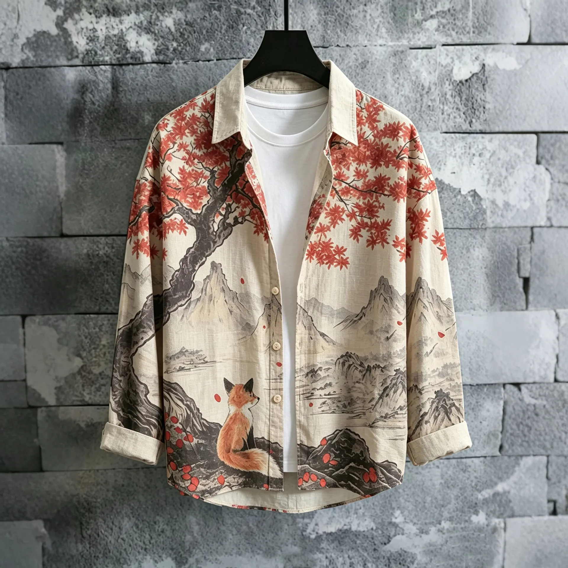Men's Retro Fox In Fall Landscape Ink Painting Print Long Sleeves Shirt  artssus