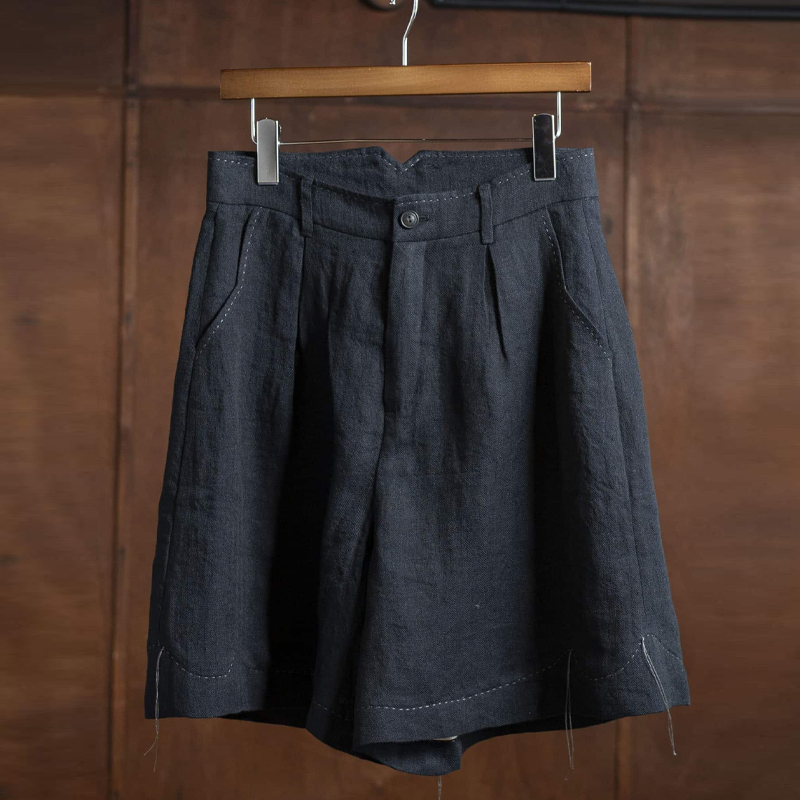 Men's Casual Cotton And Linen Pleated Black Shorts