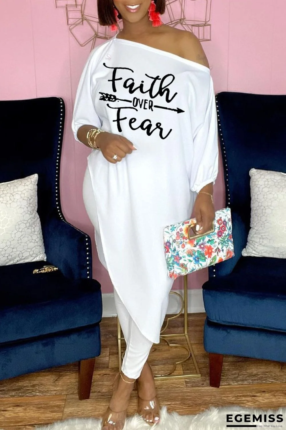 White Casual Print Patchwork Asymmetrical Oblique Collar Nine Points Sleeve Two Pieces | EGEMISS