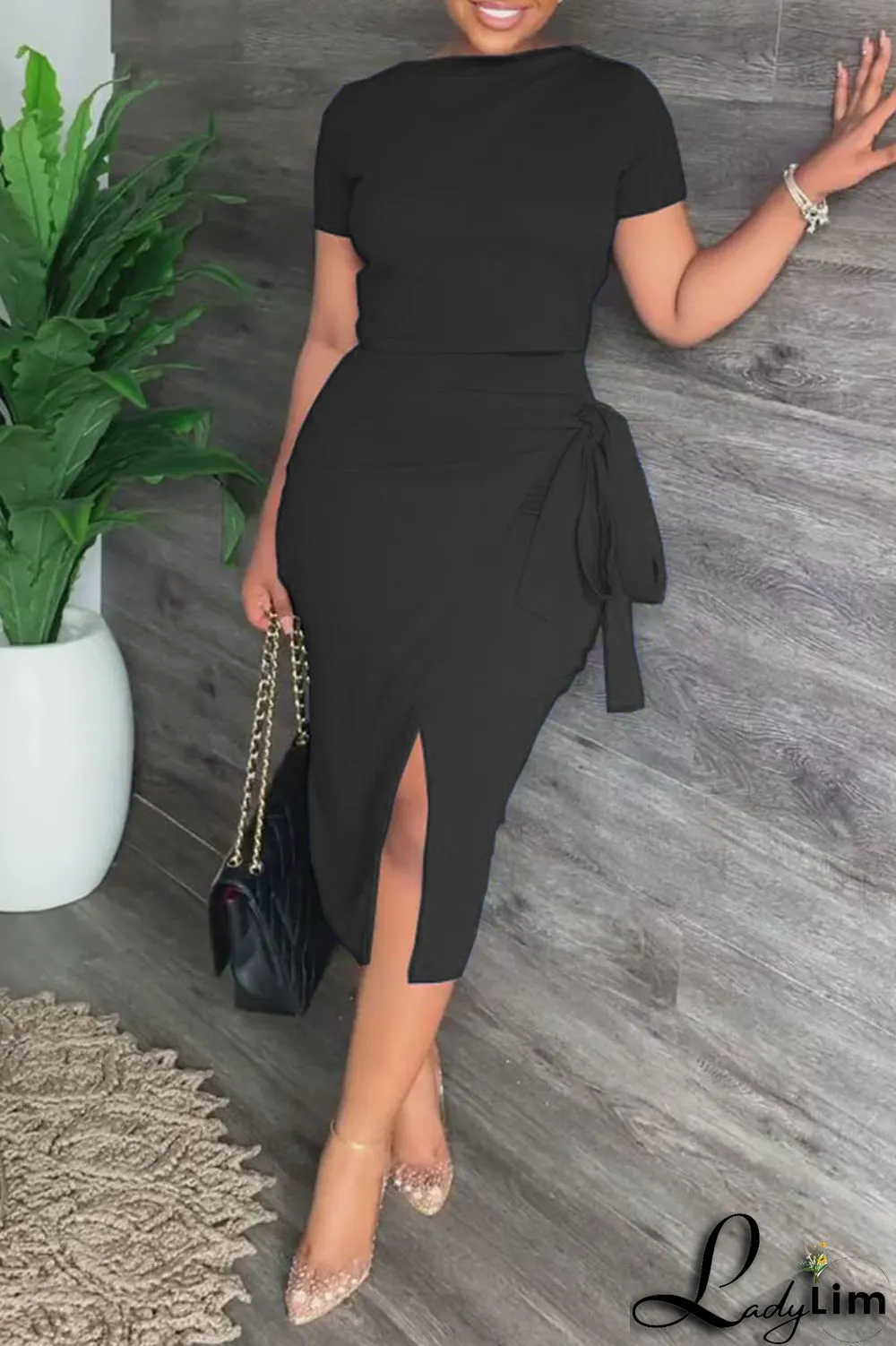 Black Celebrities Solid Bandage Patchwork Slit O Neck Short Sleeve Two Pieces