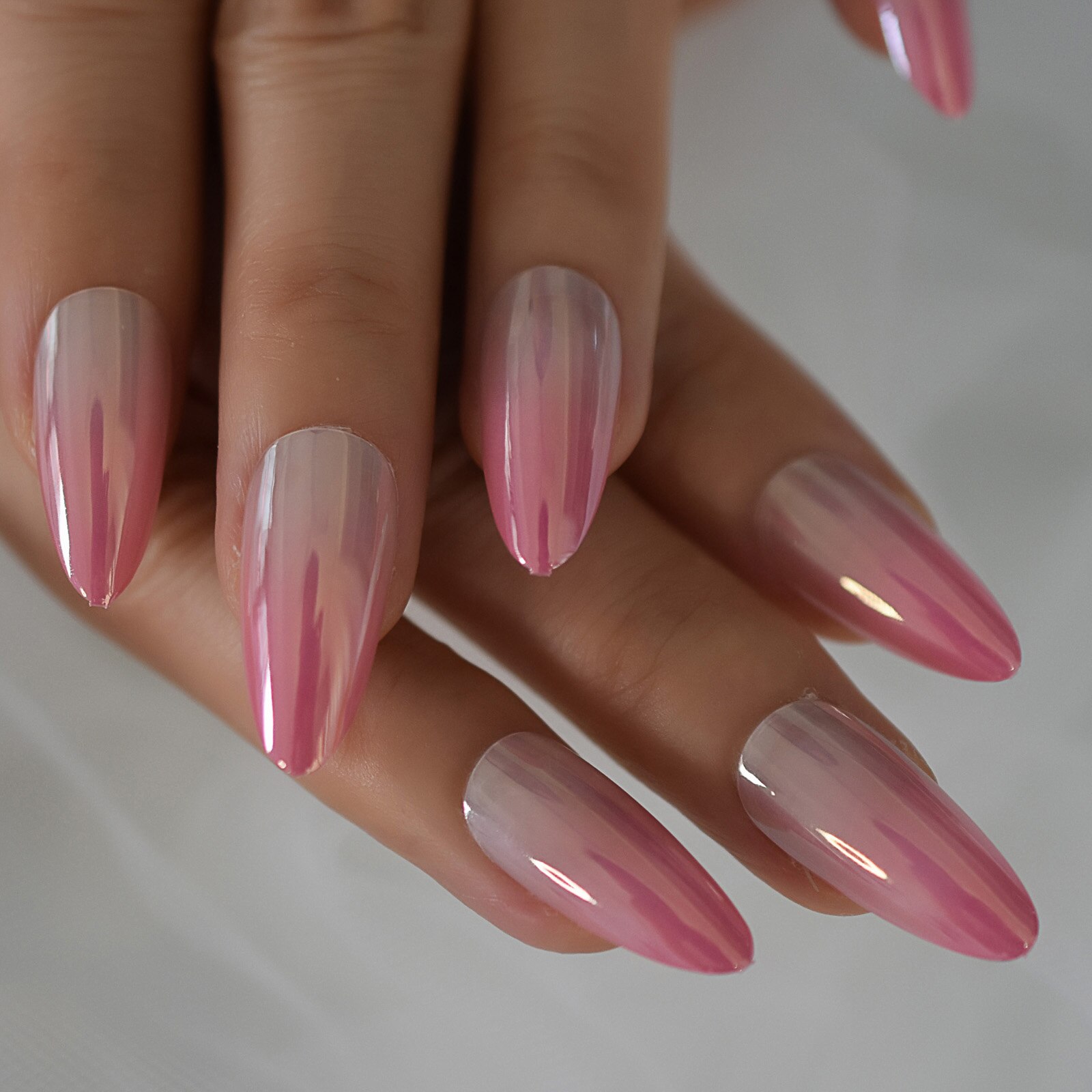 Churchf Ombre Nails Women Nails Fake Metallic Medium Stiletto Nude Pink ...