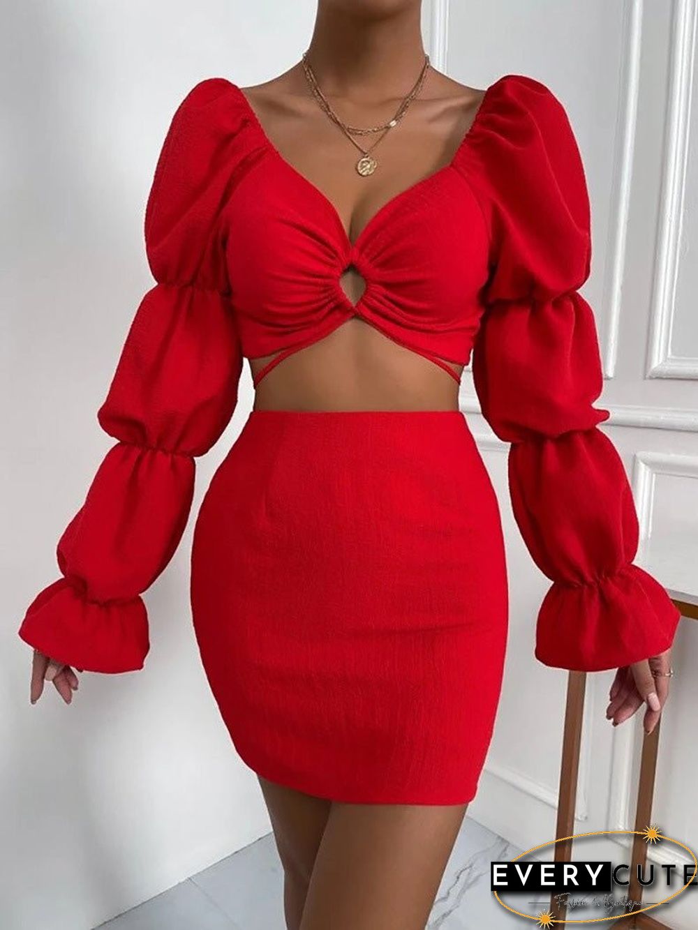 Women'S Sets V-Neck Cutout Crop Top & Skirt Two-Piece Set
