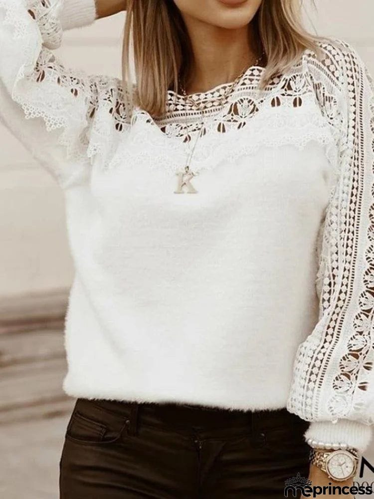 Simple Loose Hollow Embroidered Split-Joint Round-Neck Sweater Tops