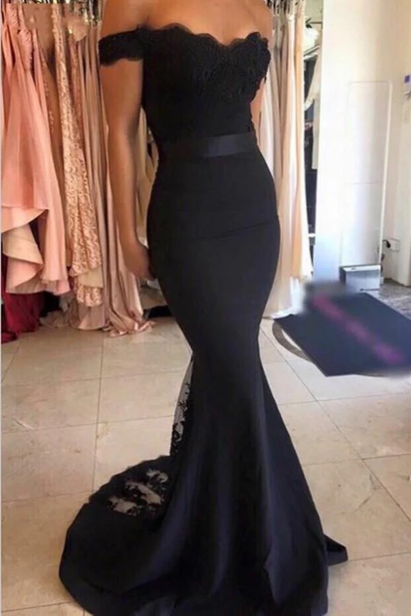 Ovlias Gorgeous Navy Off-the-shoulder Lace Patchwork Mermaid Evening Dress LY0588