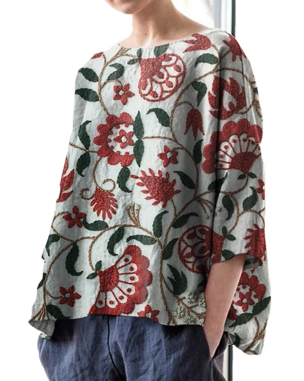 Vintage Floral Print Crew Neck Linen Loose Top