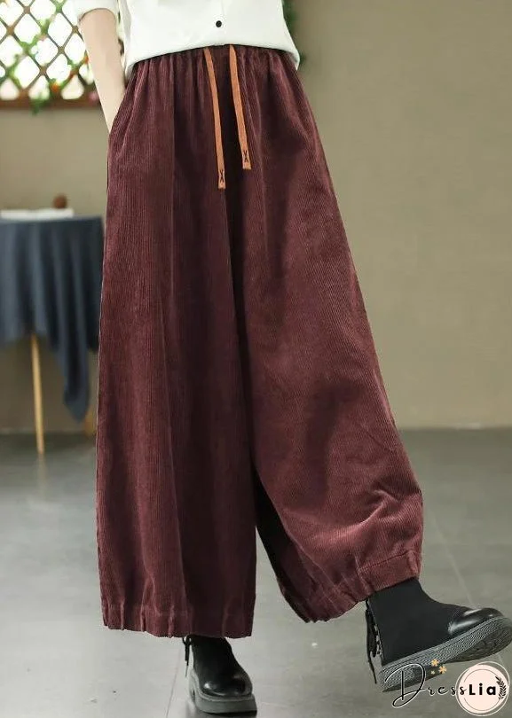 Loose Wine Red Pockets Elastic Waist Corduroy Pants Spring