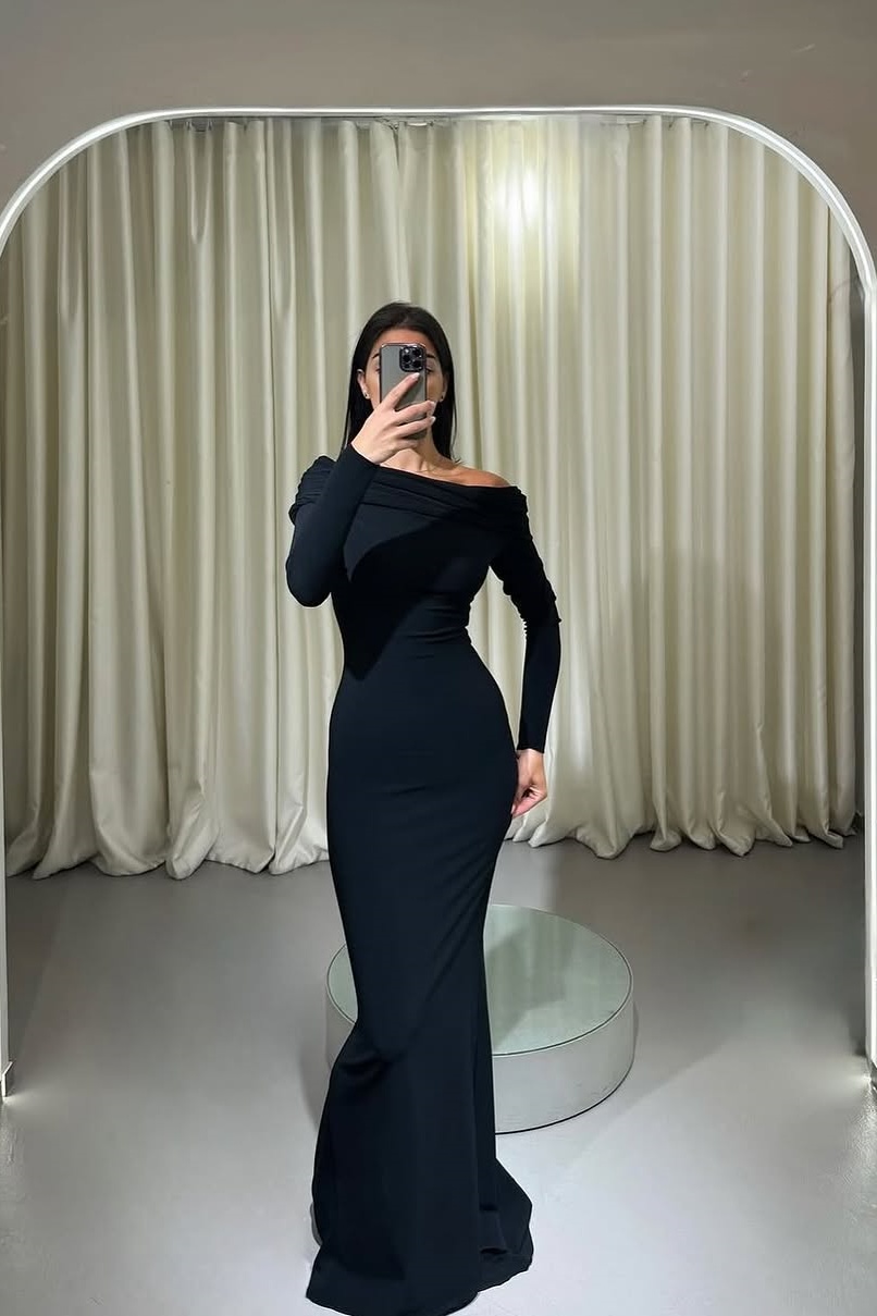 Ovlias Fashion Black Long Sleeve Asymmetric Sheath Mermaid Prom Dress LY0529