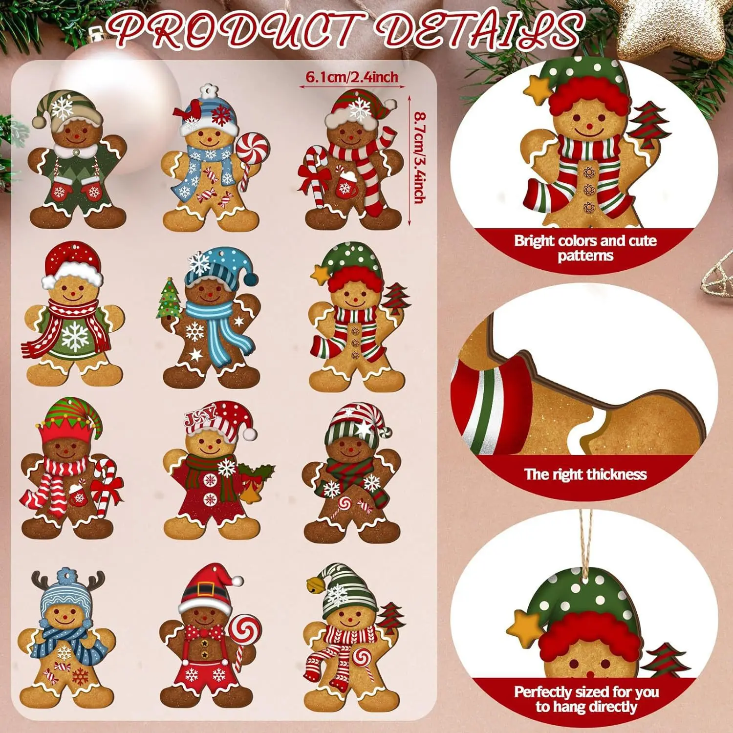Tegooe 12PCS Wooden Gingerbread Man Christmas Tree Hanging Ornaments - Mixed Styles