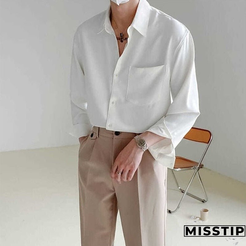 Spring New Senior Long Sleeve Button Down Shirts for Men Korean Fashion Loose Drape Solid Color All-match Men's Shirt Blouse