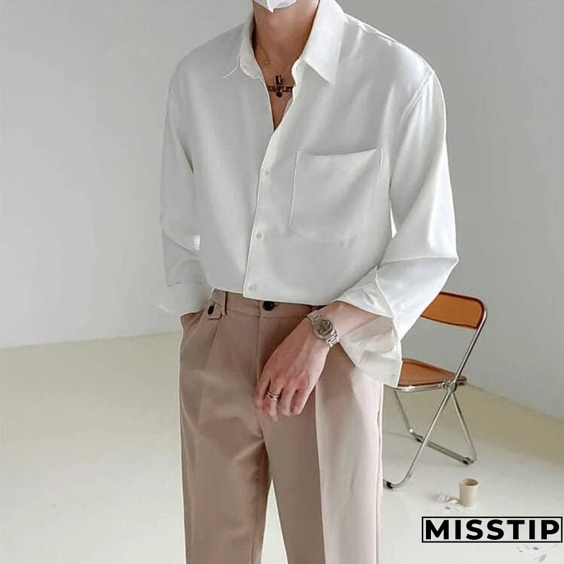 Spring New Senior Long Sleeve Button Down Shirts for Men Korean Fashion Loose Drape Solid Color All-match Men's Shirt Blouse