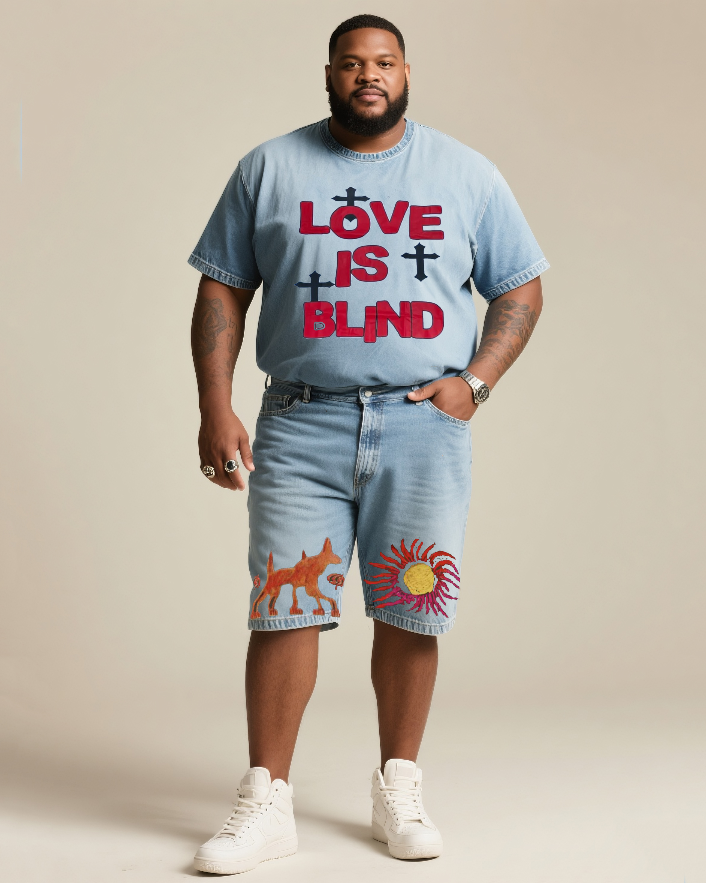 Big Shot Fashion Street Letter Love Is Blind Print Short Sleeve Shorts Denim Suit