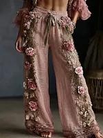 Women's Floral Embroidered Art Print Flowy Linen Blend Casual Pants