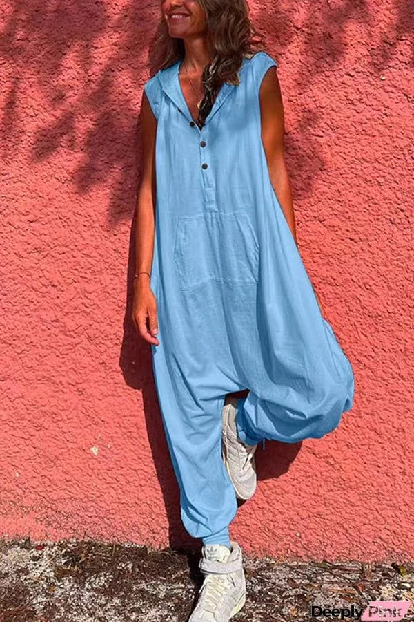 Button Down Hoodied Sleeveless Baggy Jumpsuit