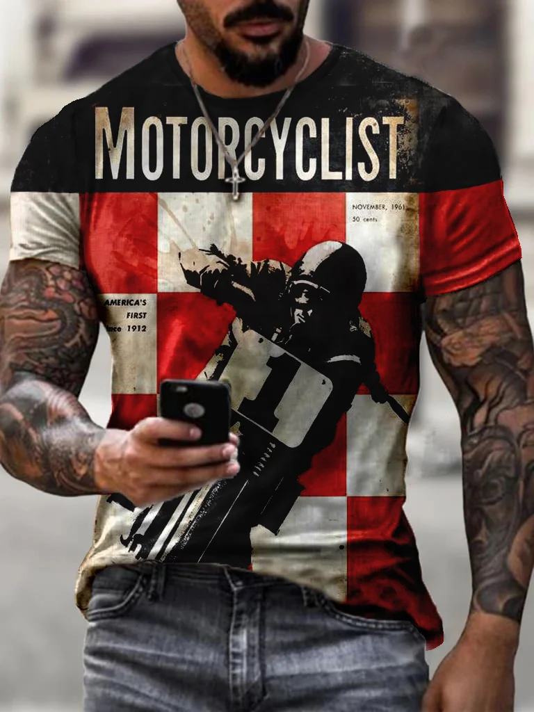Mens retro motorcycle print fashion casual T-shirt / [viawink] /
