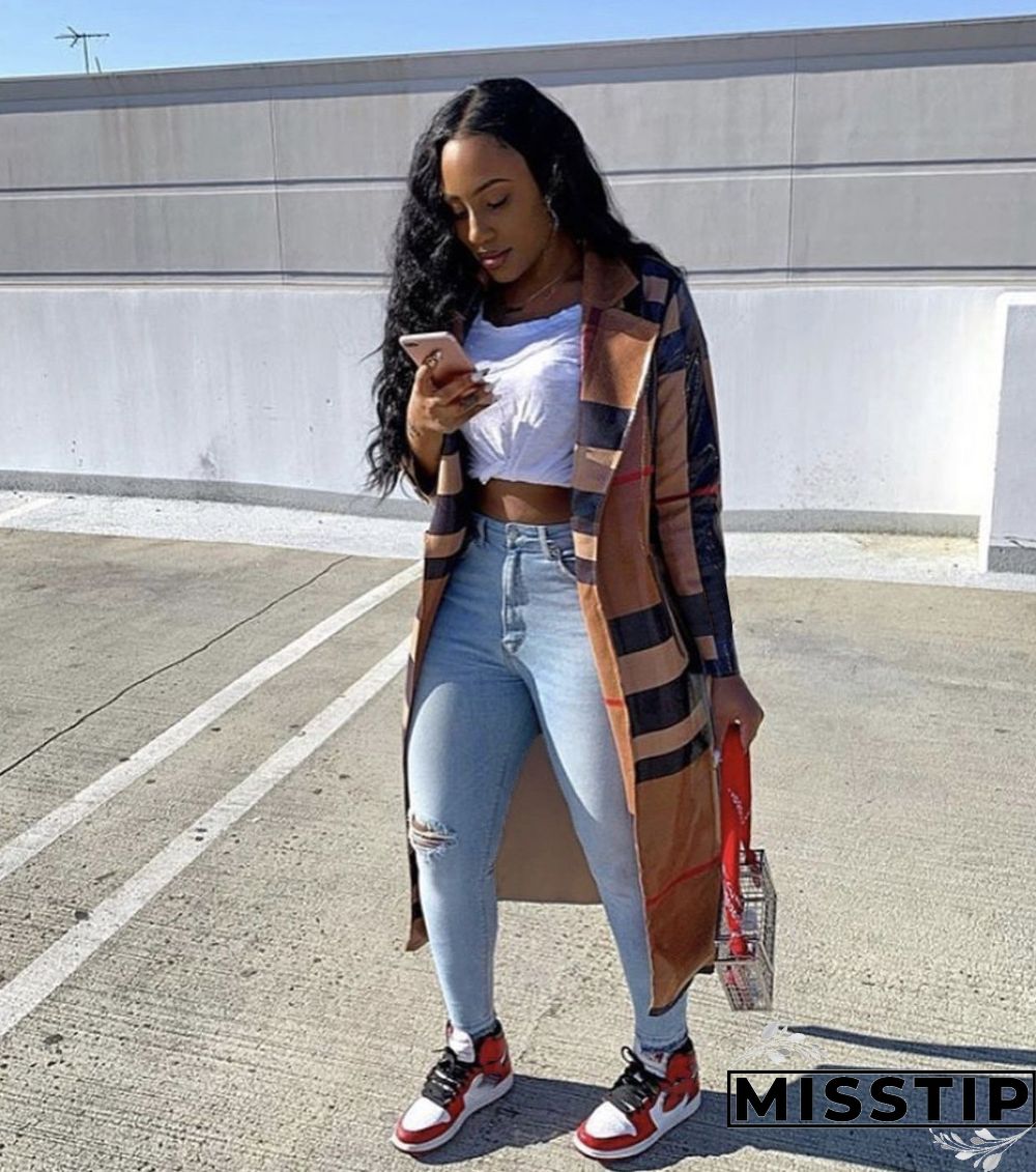 Women's Plaid Print Long-sleeved Lapel Long Coat