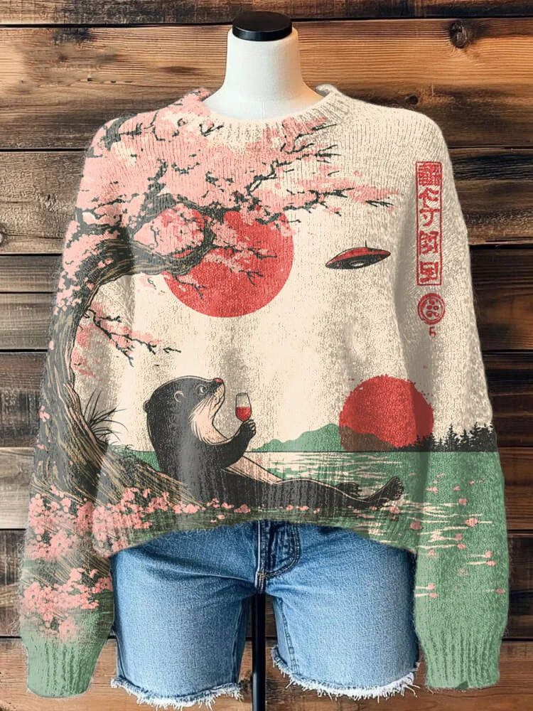 Women's Otter Drinking Red Wine Under The Cherry Tree Japanese Art Print Knit Sweatshirt