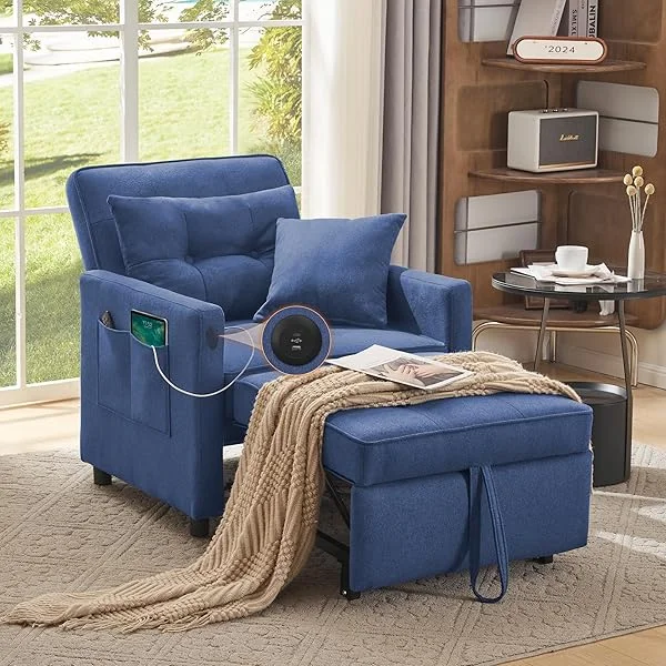 Sofa Bed Chair, 3 in 1 Convertible Sleeper Chair Bed for Adults, Pull Out Chair Sleeper, Adjustable Reading Chair with 2 Pillows and Backrest, Multi-Functional Couch Bed for Small Space Brown 2