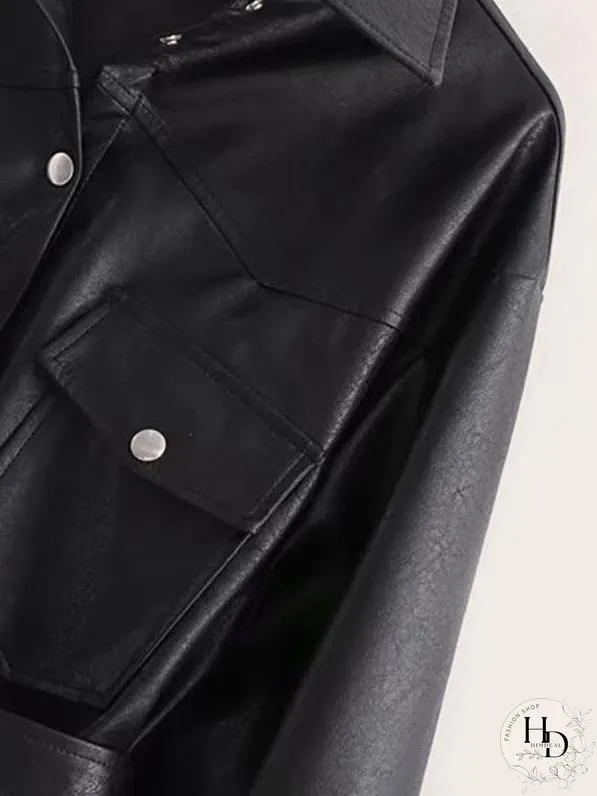 Button Front Flap Pocket Belted PU Coat for Women