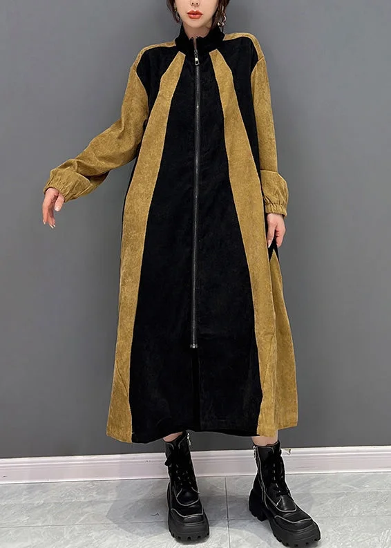 Bohemian Black Patchwork Yellow Zippered Long Coat Spring