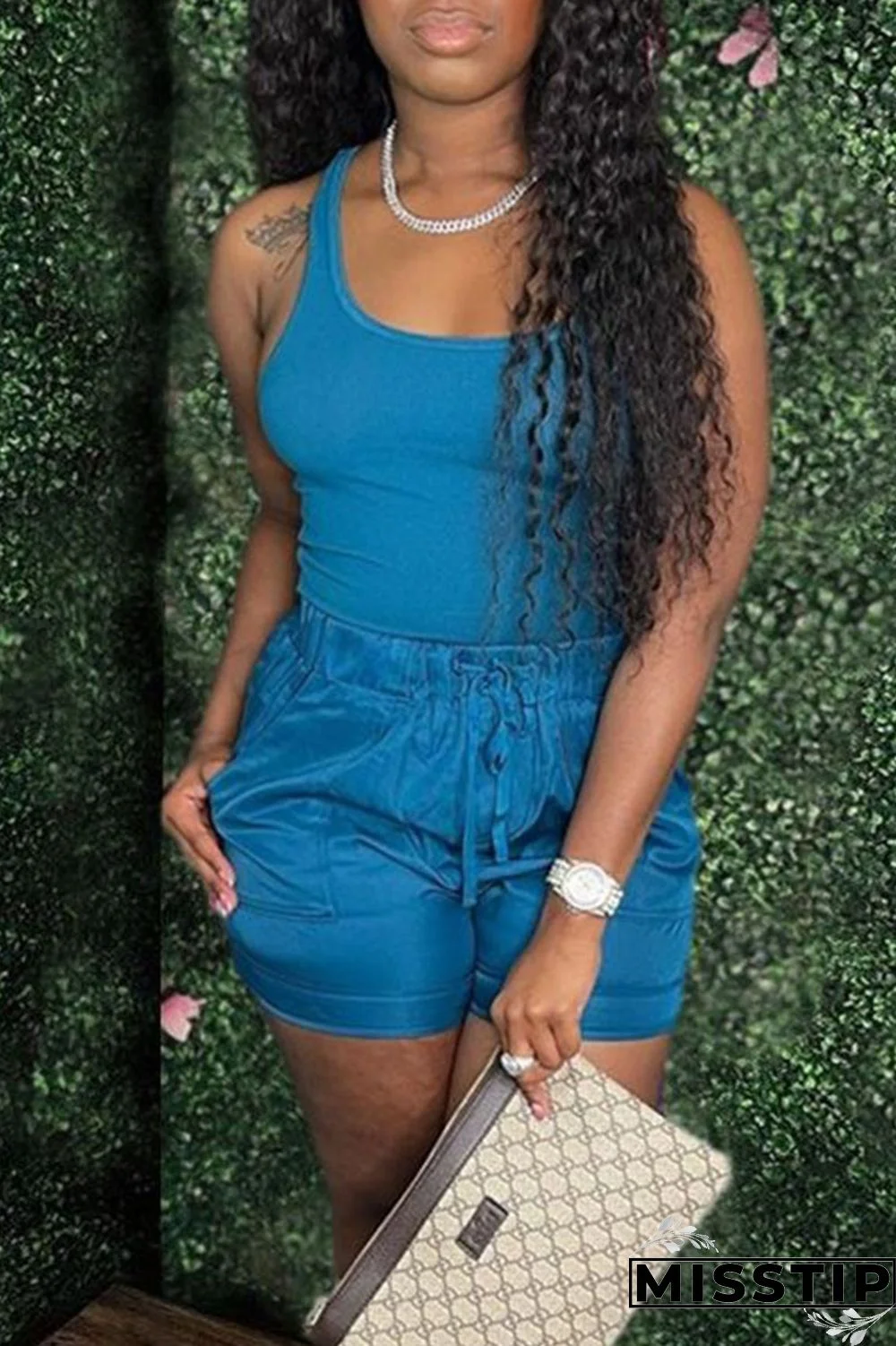 Blue Casual Solid Patchwork U Neck Two Pieces