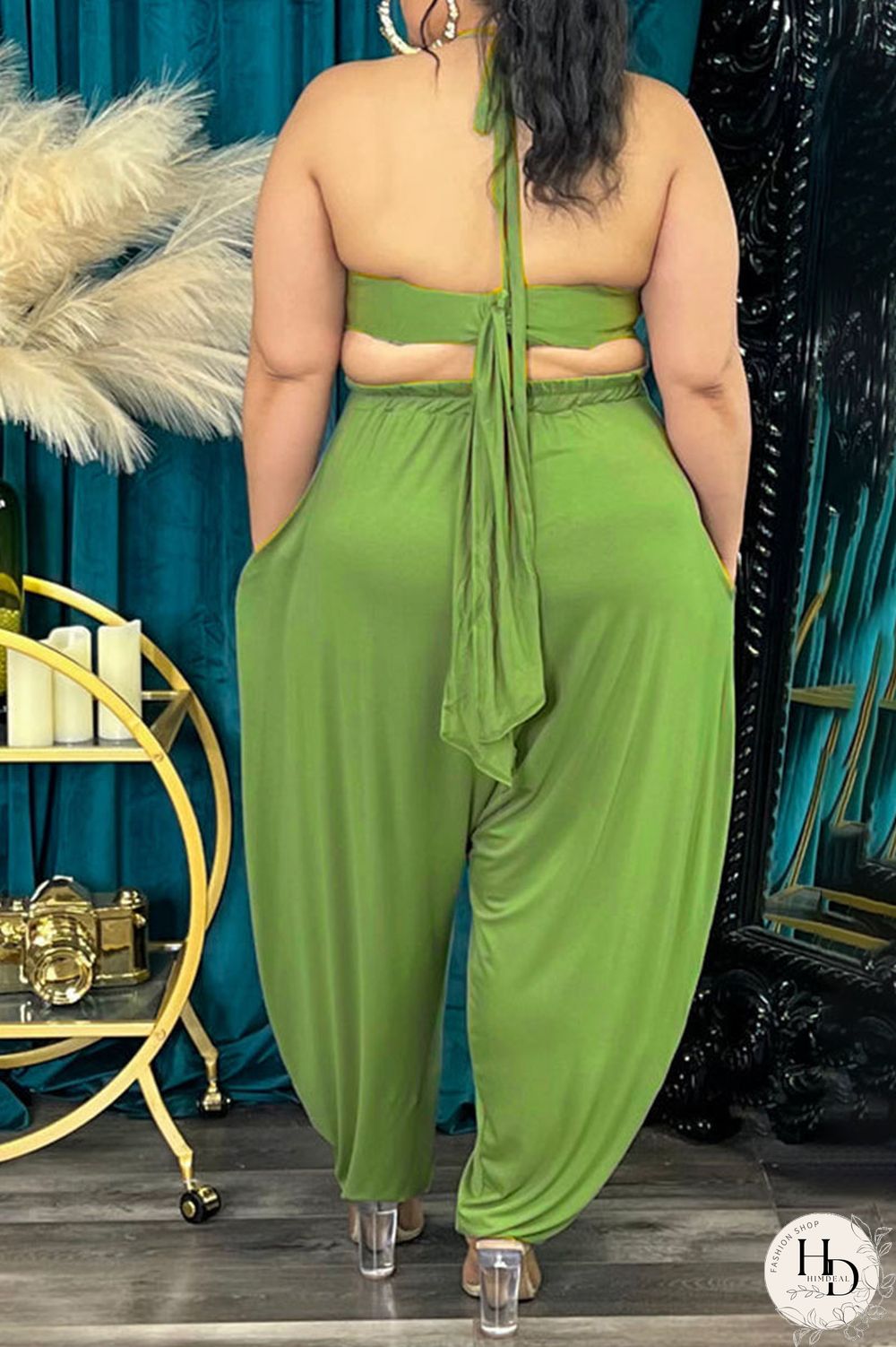 Rose Red Sexy Solid Bandage Patchwork Backless Asymmetrical Halter Plus Size Two Pieces